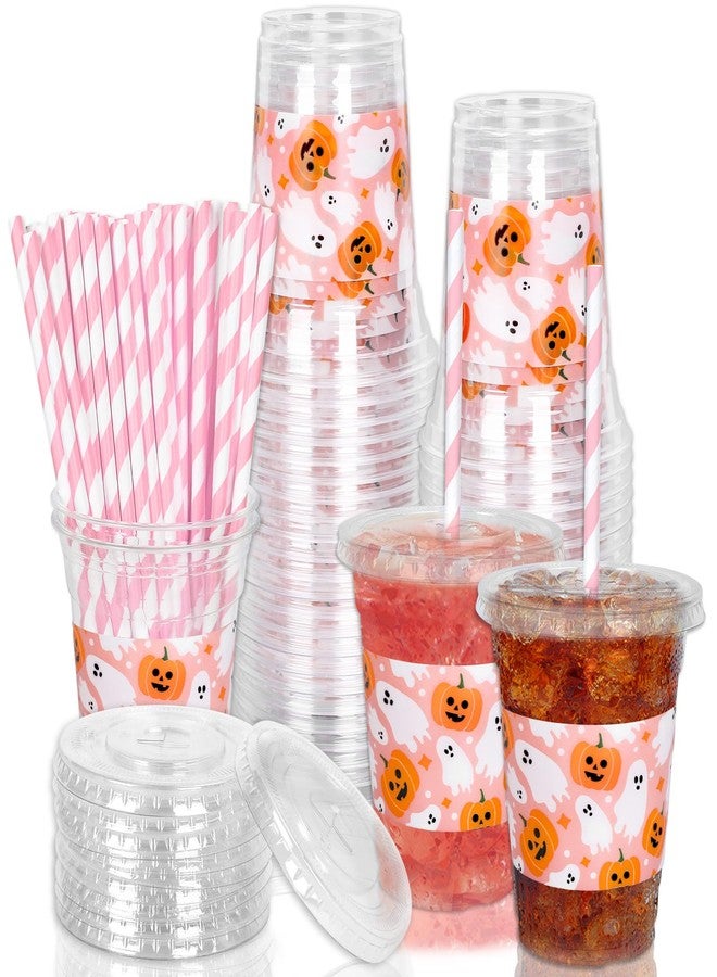 Whaline أكواب بلاستيكية قابلة للتصرف من واهلين 50 قطعة مع أغطية وقش 12 أونصة، أكواب مشروبات باردة لطيفة باللون الوردي مع اليقطين والشبح لم favors حفلات عيد الميلاد - Image 1