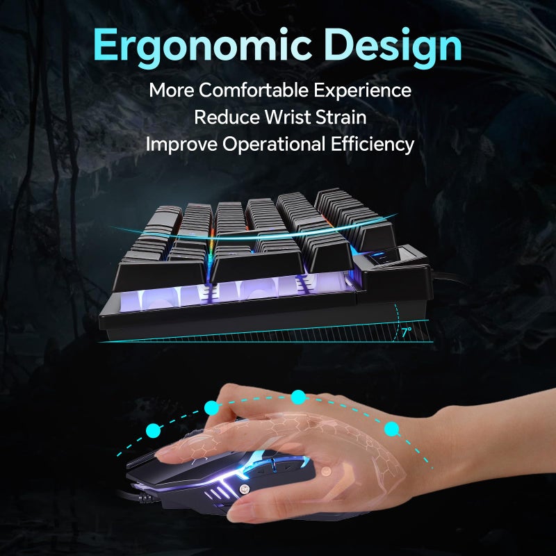 CHONCHOW مجموعة لوحة مفاتيح وفأرة CHONCHOW للألعاب، USB سلكي مضاء RGB، لوحة مفاتيح بإحساس ميكانيكي ومضادة للتداخل 3200DPI فأرة مريحة، مجموعة ألعاب LED للكمبيوتر المحمول PC PS4 Xbox Mac للعمل والألعاب (RGB-أسود) - Image 4