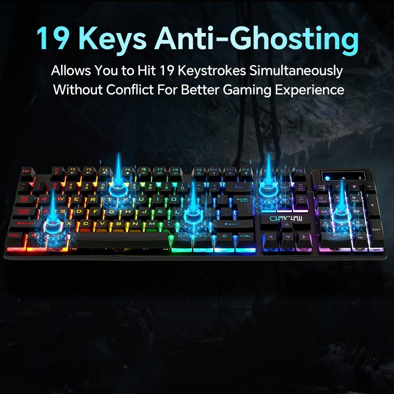 CHONCHOW مجموعة لوحة مفاتيح وفأرة CHONCHOW للألعاب، USB سلكي مضاء RGB، لوحة مفاتيح بإحساس ميكانيكي ومضادة للتداخل 3200DPI فأرة مريحة، مجموعة ألعاب LED للكمبيوتر المحمول PC PS4 Xbox Mac للعمل والألعاب (RGB-أسود) - Image 5