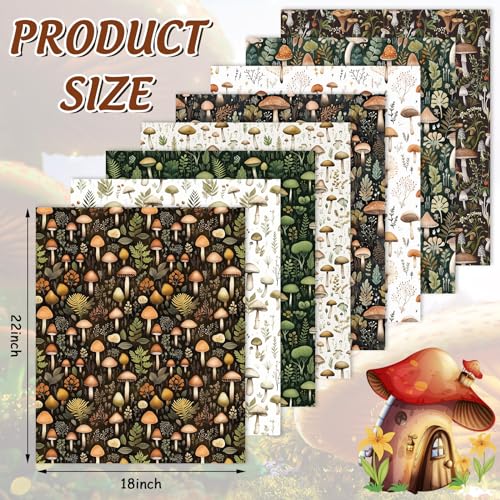 Whaline 8Pcs Mushroom Cotton Fabric Bundles Watercolor Mushroom Leaves Fat Quarters Woodland Forest Sewing Fabrics for DIY Handmade Crafting 18 x 22 Inch - Image 3