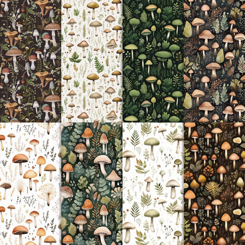 Whaline 8Pcs Mushroom Cotton Fabric Bundles Watercolor Mushroom Leaves Fat Quarters Woodland Forest Sewing Fabrics for DIY Handmade Crafting 18 x 22 Inch - Image 2