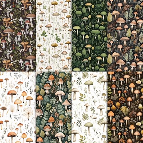 Whaline 8Pcs Mushroom Cotton Fabric Bundles Watercolor Mushroom Leaves Fat Quarters Woodland Forest Sewing Fabrics for DIY Handmade Crafting 18 x 22 Inch - Image 1