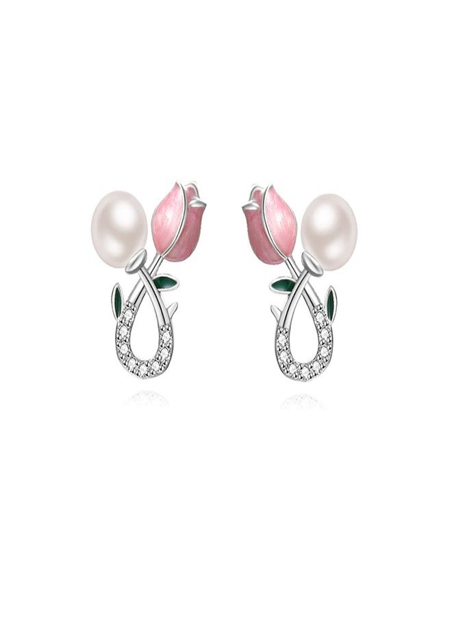 Reffeer Solid 925 Sterling Silver Pink Flower Stud Earrings for Women Teen Girls Spring Flower Stud Earrings Pearls (A-Silver) - Image 1
