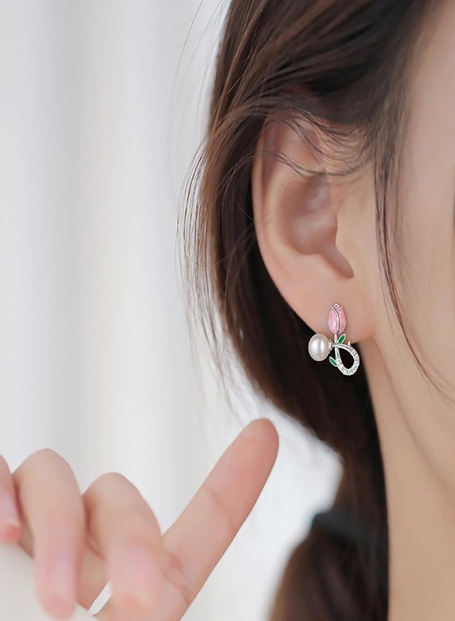 Reffeer Solid 925 Sterling Silver Pink Flower Stud Earrings for Women Teen Girls Spring Flower Stud Earrings Pearls (A-Silver) - Image 2