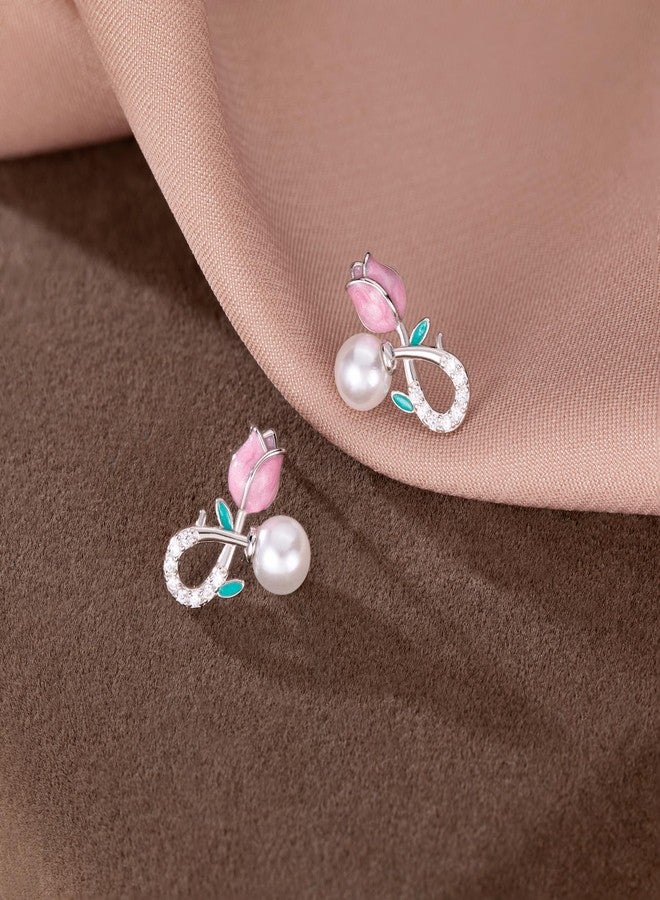 Reffeer Solid 925 Sterling Silver Pink Flower Stud Earrings for Women Teen Girls Spring Flower Stud Earrings Pearls (A-Silver) - Image 4