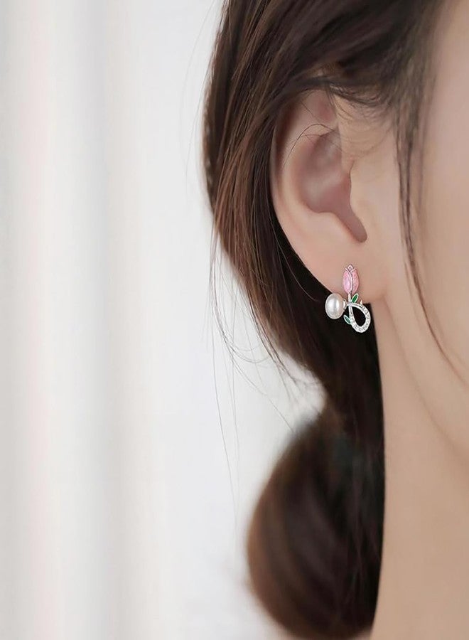 Reffeer Solid 925 Sterling Silver Pink Flower Stud Earrings for Women Teen Girls Spring Flower Stud Earrings Pearls (A-Silver) - Image 3