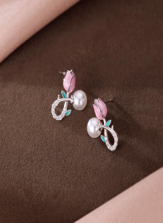 Reffeer Solid 925 Sterling Silver Pink Flower Stud Earrings for Women Teen Girls Spring Flower Stud Earrings Pearls (A-Silver) - Image 5