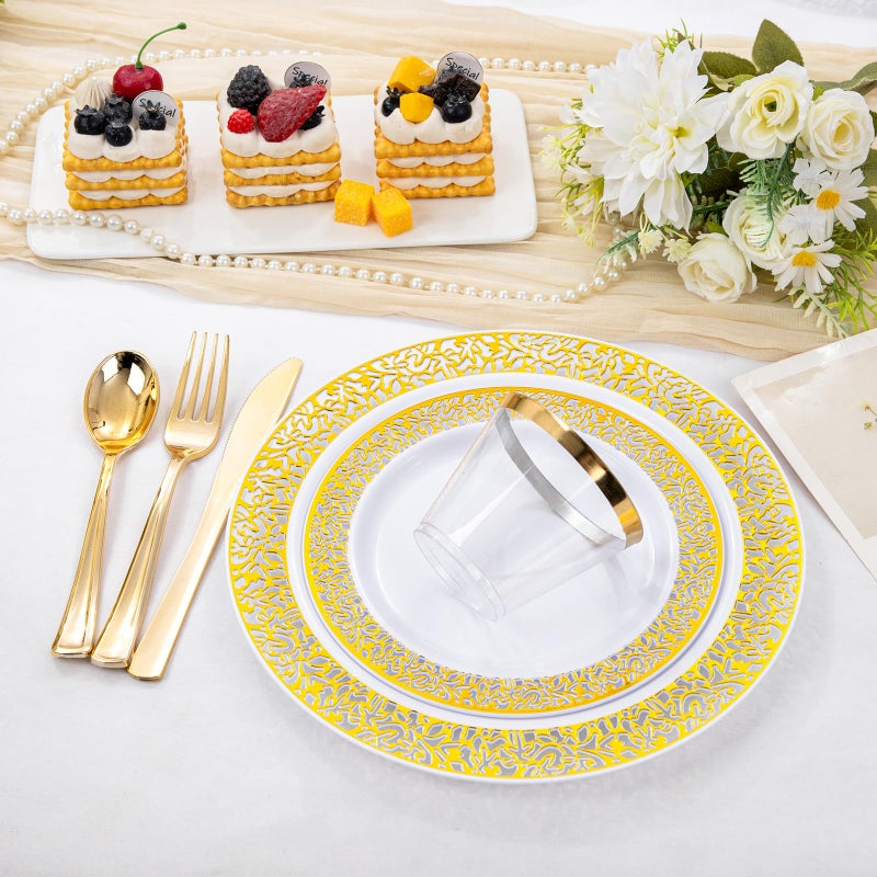WELLIFE 210Pcs Gold Plastic Dinnerware - Disposable Silverware and Cups  Include:30 Dinner Plates  30 Dessert Plates  30 Paper Napkins  30 Cups  30 Gold Plastic Cutlery Set for Party  Wedding - Image 3