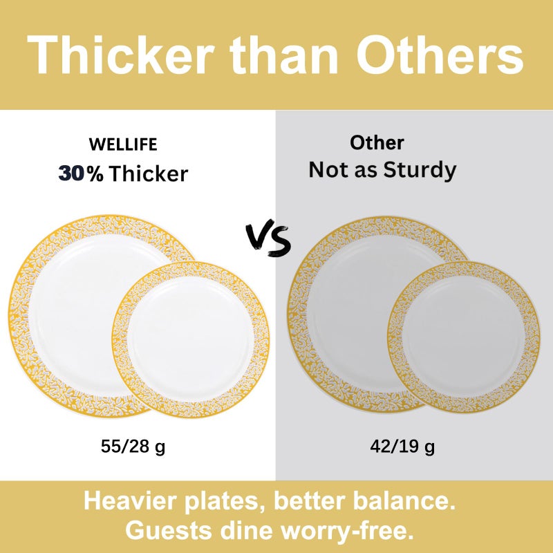 WELLIFE 210Pcs Gold Plastic Dinnerware - Disposable Silverware and Cups  Include:30 Dinner Plates  30 Dessert Plates  30 Paper Napkins  30 Cups  30 Gold Plastic Cutlery Set for Party  Wedding - Image 1