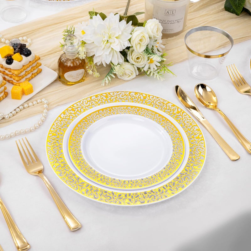 WELLIFE 210Pcs Gold Plastic Dinnerware - Disposable Silverware and Cups  Include:30 Dinner Plates  30 Dessert Plates  30 Paper Napkins  30 Cups  30 Gold Plastic Cutlery Set for Party  Wedding - Image 2