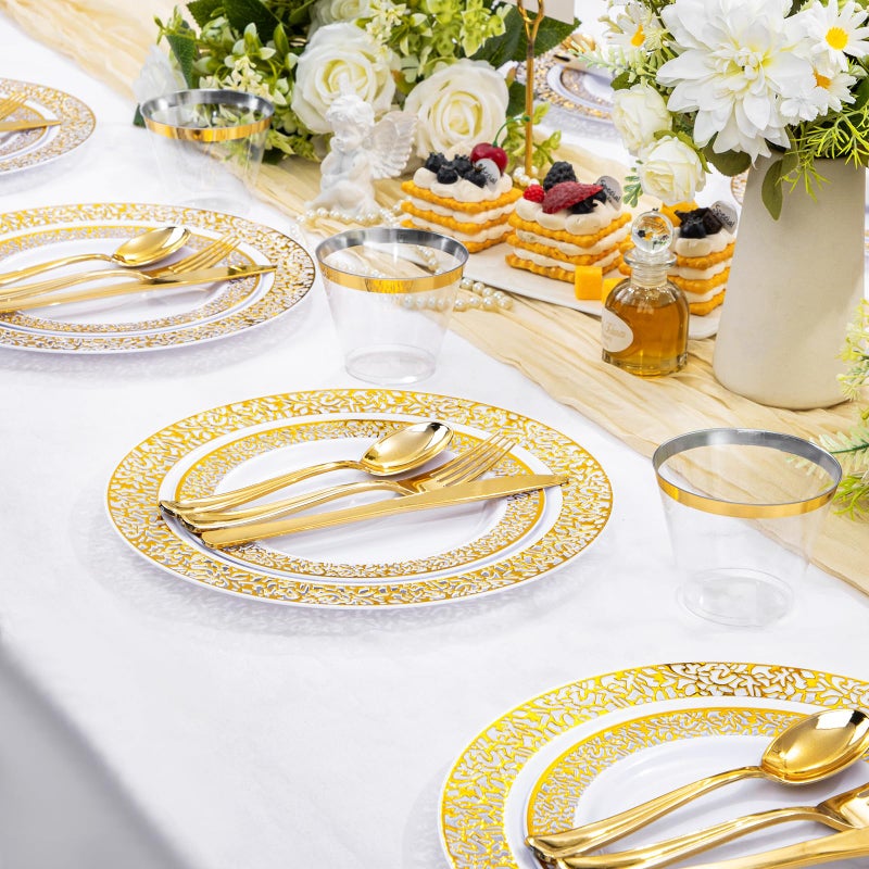WELLIFE 210Pcs Gold Plastic Dinnerware - Disposable Silverware and Cups  Include:30 Dinner Plates  30 Dessert Plates  30 Paper Napkins  30 Cups  30 Gold Plastic Cutlery Set for Party  Wedding - Image 4