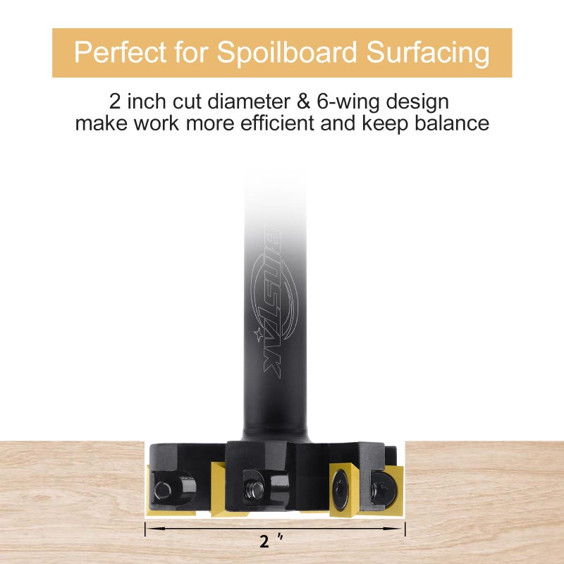 BINSTAK CNC Spoilboard Surfacing Router Bit, 1/2" Shank 2" Cutting Diameter, 6 Wings Carbide Insert Slab Flattening Router Bits Wood Planing Planer Bit - Image 4