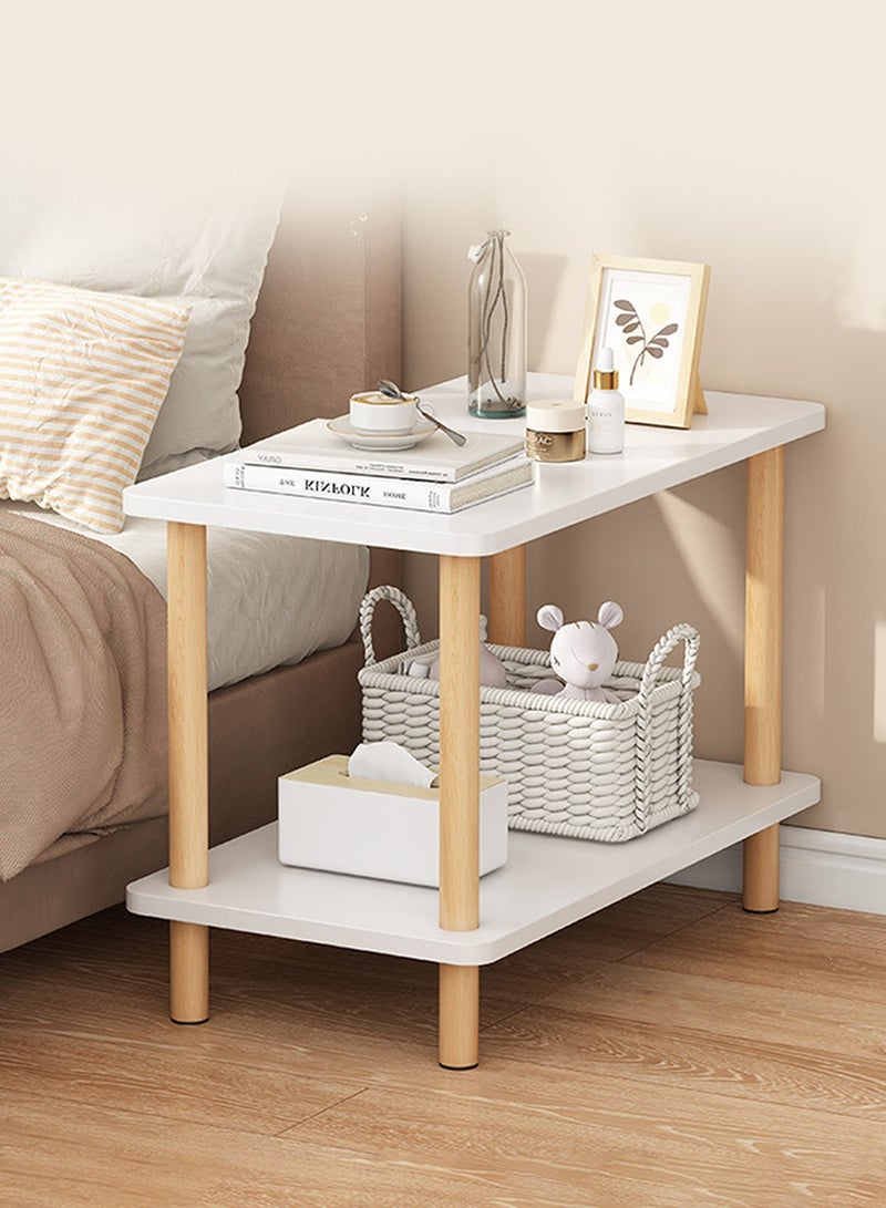 Sinyin Double-Tier End Side Table Modern Coffee Table With MDF Board And Solid Wood Legs For Living Room And Bedroom No-tools Assembly Warm White 60x30x53cm - Image 1