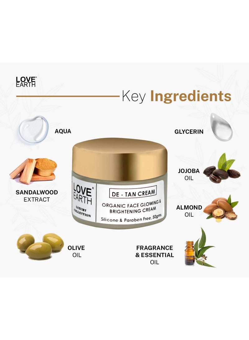 Love Earth De-Tan Moisturizing Cream With Aloe Vera & Sandalwood Extract For Pigmentation & Even Skin Tone, Silicon & Paraben Free 50gm - Image 3