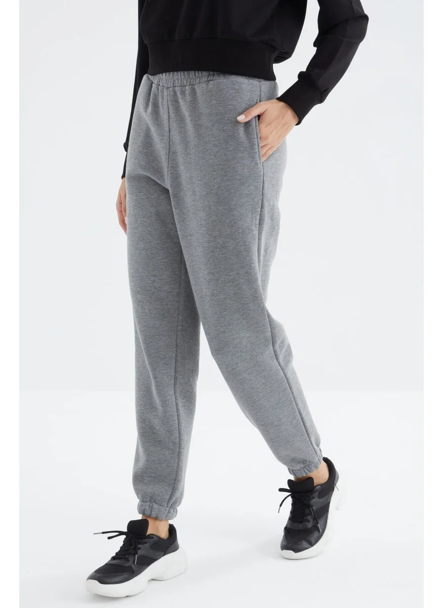Tommy Life Gray Melange High Waist Comfortable Form Basic Jogger Women's Tracksuit Bottom - 94624