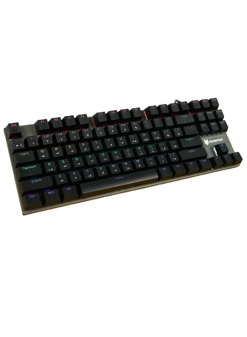 XUNFOX English Arabic Mechanical Gaming Keyboard with RGB Backlit, USB Wired 87 Keys Blue Switch Keyboard for Windows/MacOS/Android PC Gamers Black - Image 3