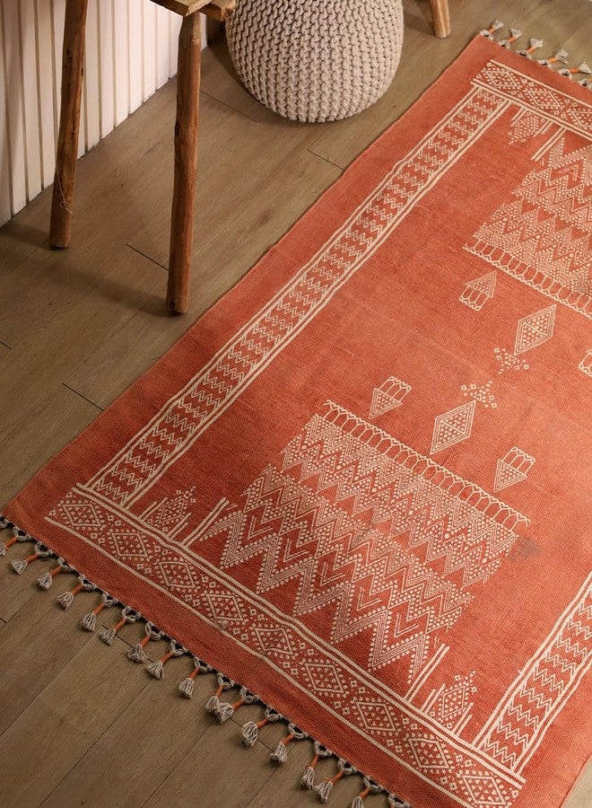 Peepul Tree Jaipuri Handprinted Cotton Rugs for Living Room |Modern Durries for Living Room |Cotton Carpets for Living Room |Floor Rug for Bedroom|(Rust Brown, 3X5 ft) | Home Decor Gift Items - Image 1