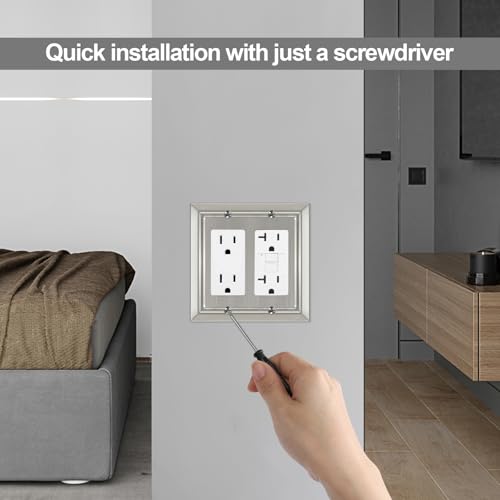 Dyekou Metal Wall Plate for Electrical Outlets, Decorative Brushed Nickel Switch Plates Outlet Cover, Light Switch Cover Plate, 2-Gang Wall Plates (Double Decorator, 2 Pack) - Image 3