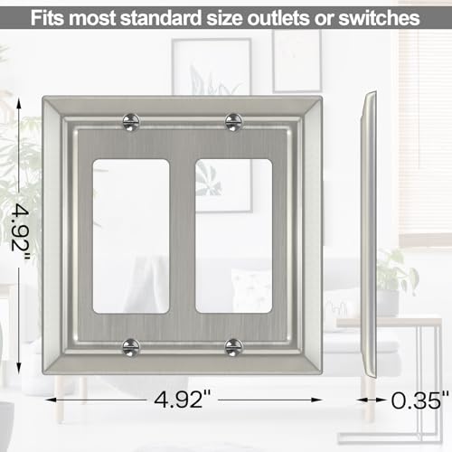 Dyekou Metal Wall Plate for Electrical Outlets, Decorative Brushed Nickel Switch Plates Outlet Cover, Light Switch Cover Plate, 2-Gang Wall Plates (Double Decorator, 2 Pack) - Image 4