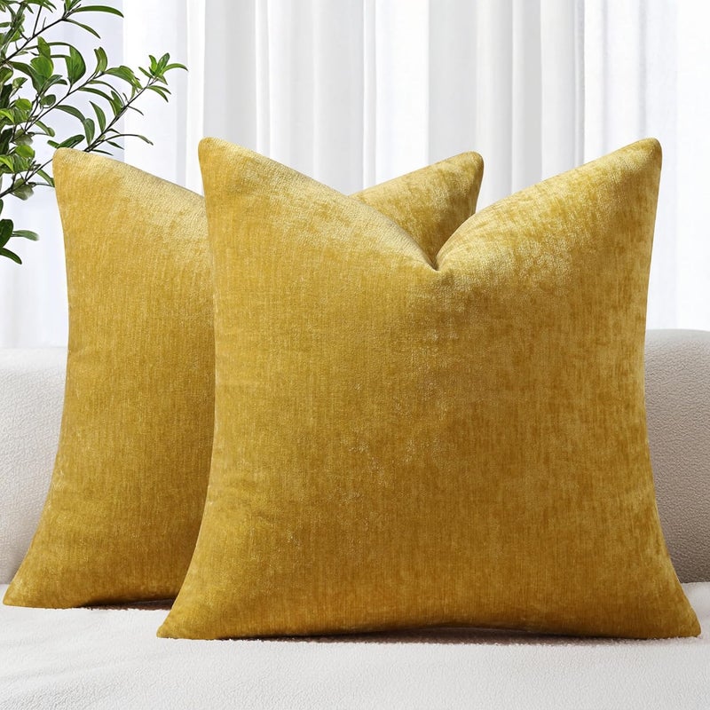 ديكور يو هوم أغطية وسائد زخرفية من ديكور يو هوم، شينيل، لون أصفر معدني، مقاس 18×18 بوصة، مجموعة من 2، أغطية وسائد أريكة ناعمة مزخرفة، مصبوغة بشكل متين، لمسة مزرعة محايدة، أغطية وسائد مربعة للأريكة - Image 1