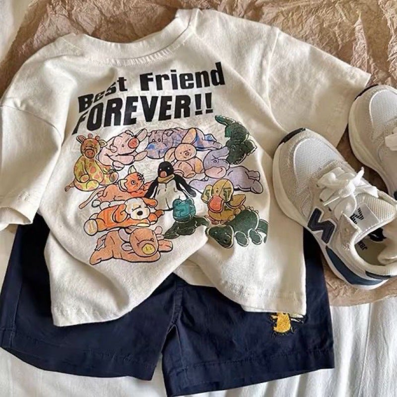 Children'S Short-Sleeved Boys And Girls Cartoon Printed Short-Sleeved T-Shirt Baby Japanese Style Top Trendy Solid Color T-Shirt - Image 1