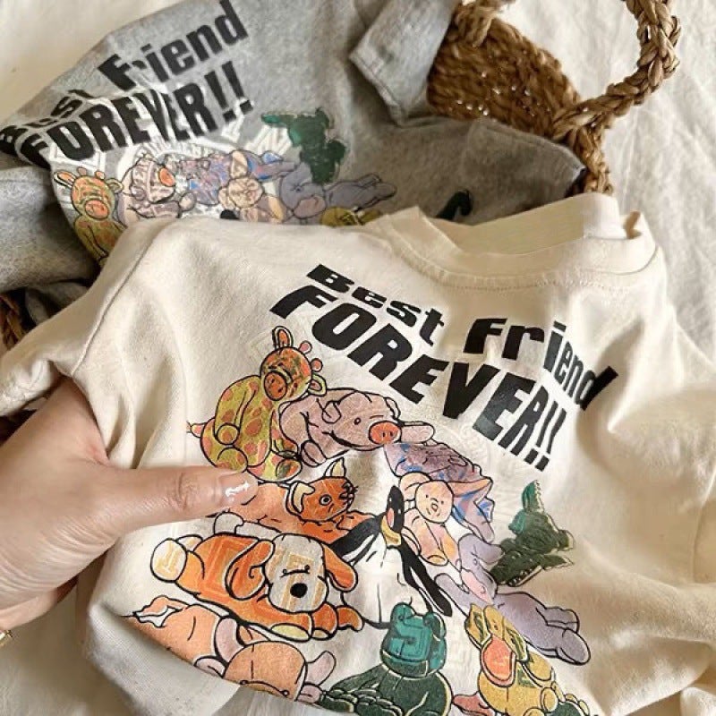 Children'S Short-Sleeved Boys And Girls Cartoon Printed Short-Sleeved T-Shirt Baby Japanese Style Top Trendy Solid Color T-Shirt - Image 2