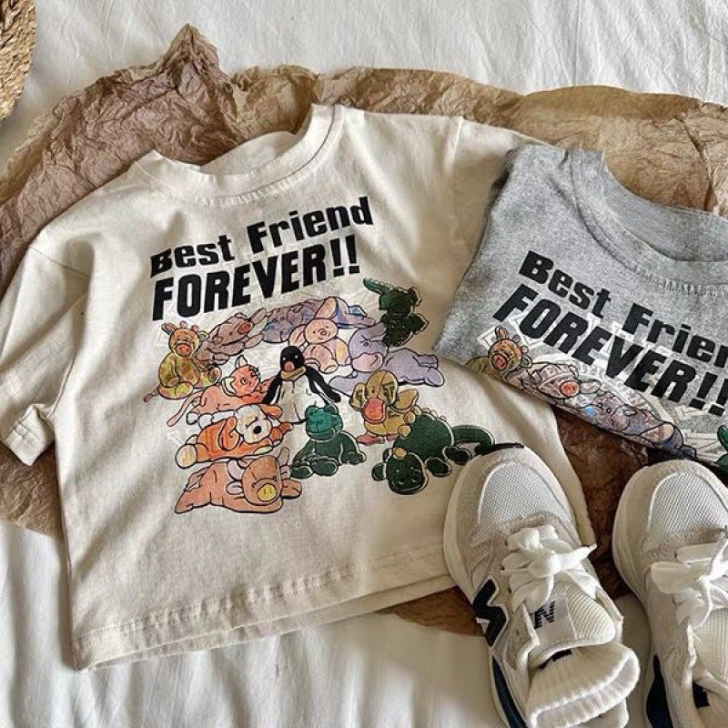 Children'S Short-Sleeved Boys And Girls Cartoon Printed Short-Sleeved T-Shirt Baby Japanese Style Top Trendy Solid Color T-Shirt - Image 5