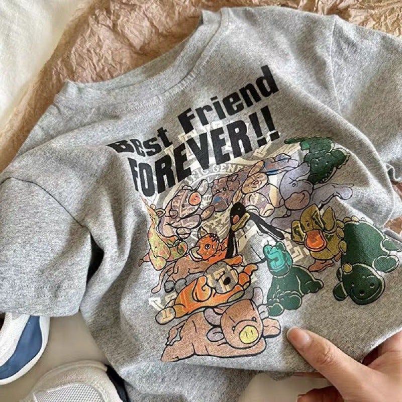 Children'S Short-Sleeved Boys And Girls Cartoon Printed Short-Sleeved T-Shirt Baby Japanese Style Top Trendy Solid Color T-Shirt - Image 3