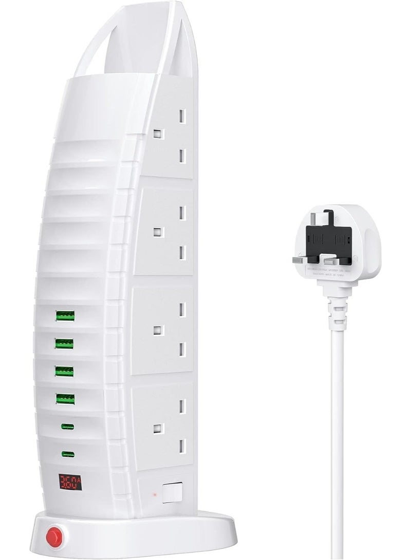 Rakzai Tower Extension Lead with USB, 8 Way Power Strip, 6 USB Ports (2 Type-C + 4 USB), 3.6A Fast Charging, 2M Cable with Switches, Vertical Multi Plug for Home & Office - Image 1
