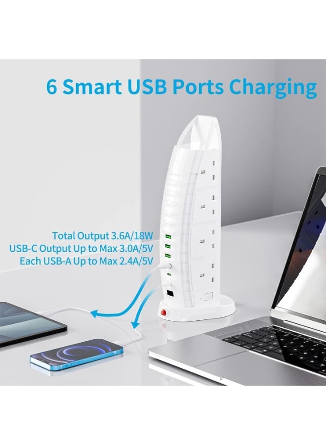 Rakzai Tower Extension Lead with USB, 8 Way Power Strip, 6 USB Ports (2 Type-C + 4 USB), 3.6A Fast Charging, 2M Cable with Switches, Vertical Multi Plug for Home & Office - Image 3