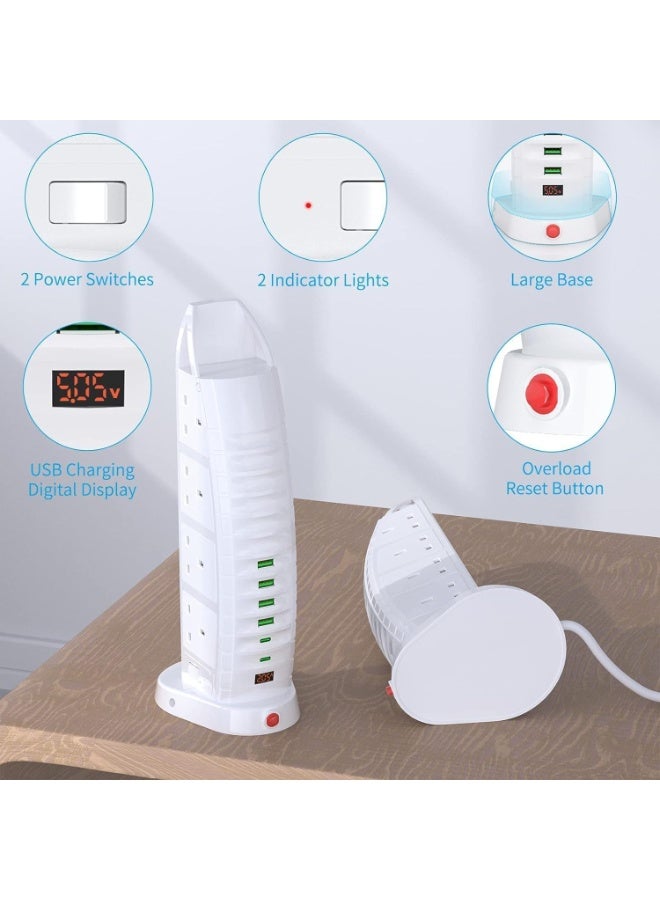 Rakzai Tower Extension Lead with USB, 8 Way Power Strip, 6 USB Ports (2 Type-C + 4 USB), 3.6A Fast Charging, 2M Cable with Switches, Vertical Multi Plug for Home & Office - Image 4