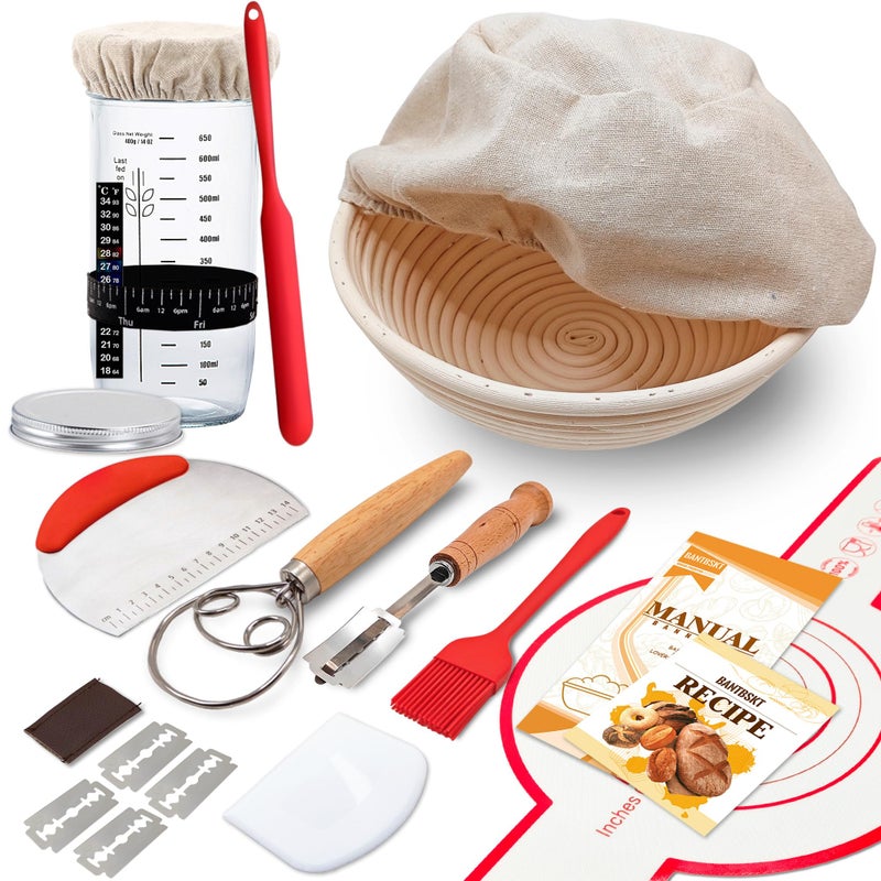 Complete Sourdough Starter Kit Banneton Bread Proofing Basket with Glass Sourdough Starter Jar Sourdough Bread Baking Supplies 9 Round Bread Proofing Basket for Bread Making Baking Fermentation