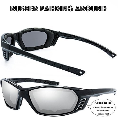 The Fresh 3 Pairs Motorcycle Riding Glasses Padded Frame Lens Block 100% UVB for Outdoor Activity Sport (11-Shiny Black, Grey, Silver Mirror, & Red Mirror) - Image 5