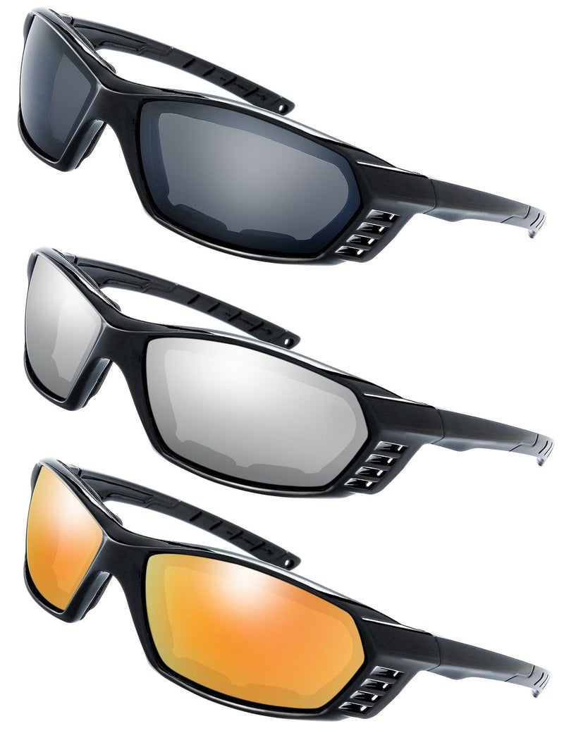 The Fresh 3 Pairs Motorcycle Riding Glasses Padded Frame Lens Block 100% UVB for Outdoor Activity Sport (11-Shiny Black, Grey, Silver Mirror, & Red Mirror) - Image 1
