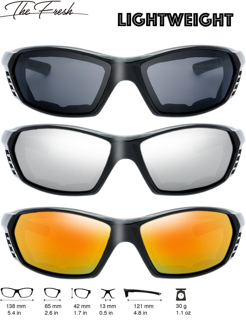 The Fresh 3 Pairs Motorcycle Riding Glasses Padded Frame Lens Block 100% UVB for Outdoor Activity Sport (11-Shiny Black, Grey, Silver Mirror, & Red Mirror) - Image 2