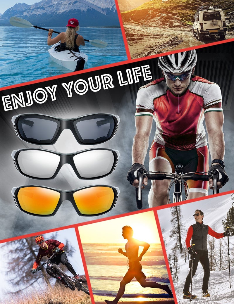 The Fresh 3 Pairs Motorcycle Riding Glasses Padded Frame Lens Block 100% UVB for Outdoor Activity Sport (11-Shiny Black, Grey, Silver Mirror, & Red Mirror) - Image 3
