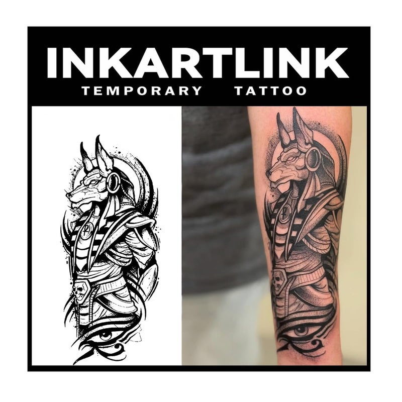 INKARTLINK Tattoo Tech 2 Sheets Large Semi Permanent Tattoo Adult Art Design Temporary Tattoos Lasts 12 Weeks Waterproof Realistic Look No Adhesive No Reflection Anubis Design