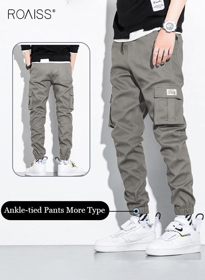 roaiss Men's Cargo Pants Casual Pants with Elastic Drawstring Gray Trousers Suitable for Various Body Types Simple and Trendy - Image 1