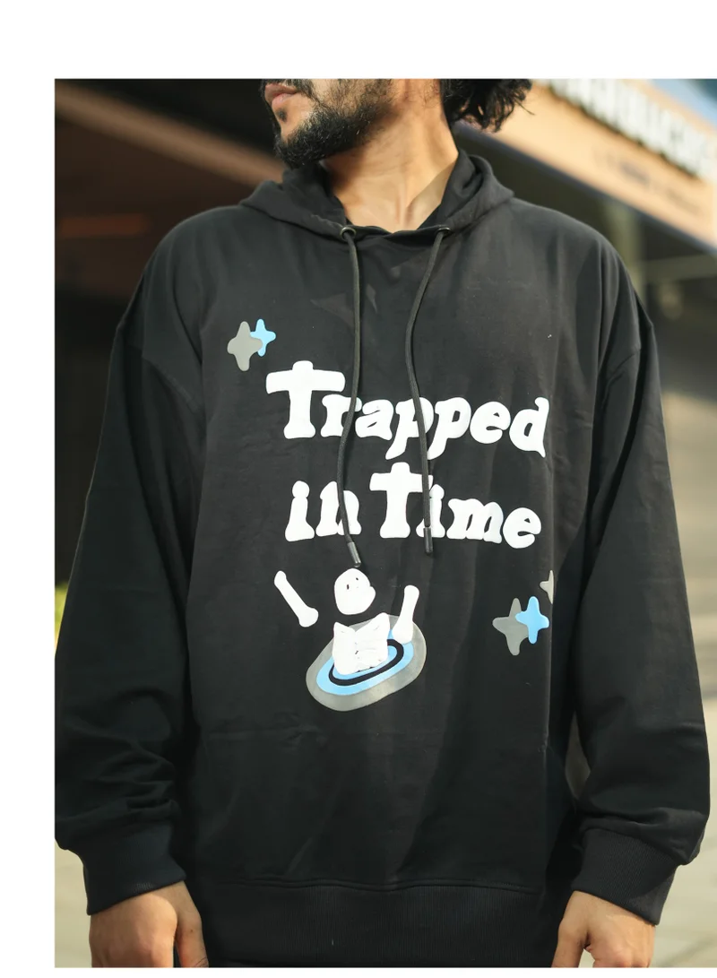 مانياك Maniac Mens Printed Hooded Neck Fullsleeve Black and White Cotton Sweatshirt