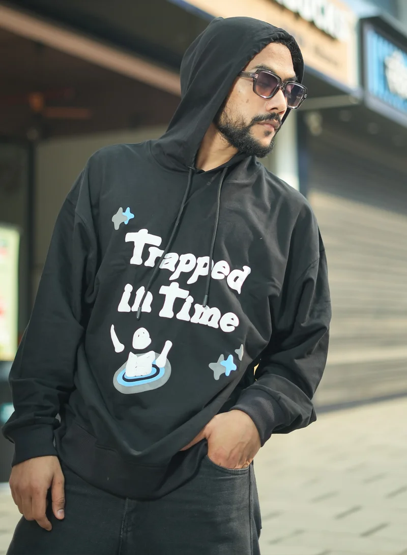 مانياك Maniac Mens Printed Hooded Neck Fullsleeve Black and White Cotton Sweatshirt