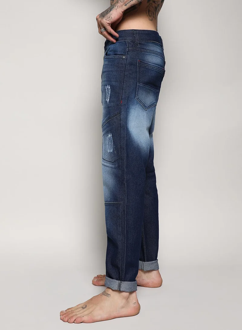 Campus Sutra Men's Blue Self-Design Patched Denim Jeans