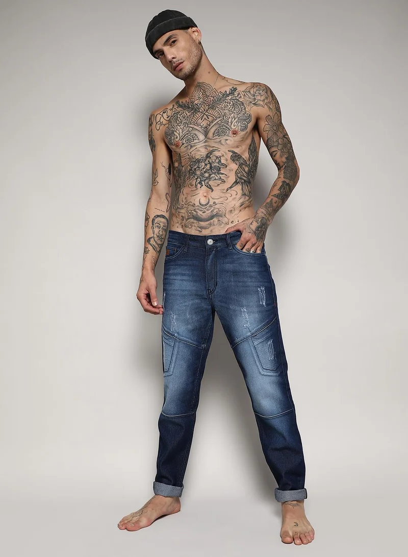 Campus Sutra Men's Blue Self-Design Patched Denim Jeans