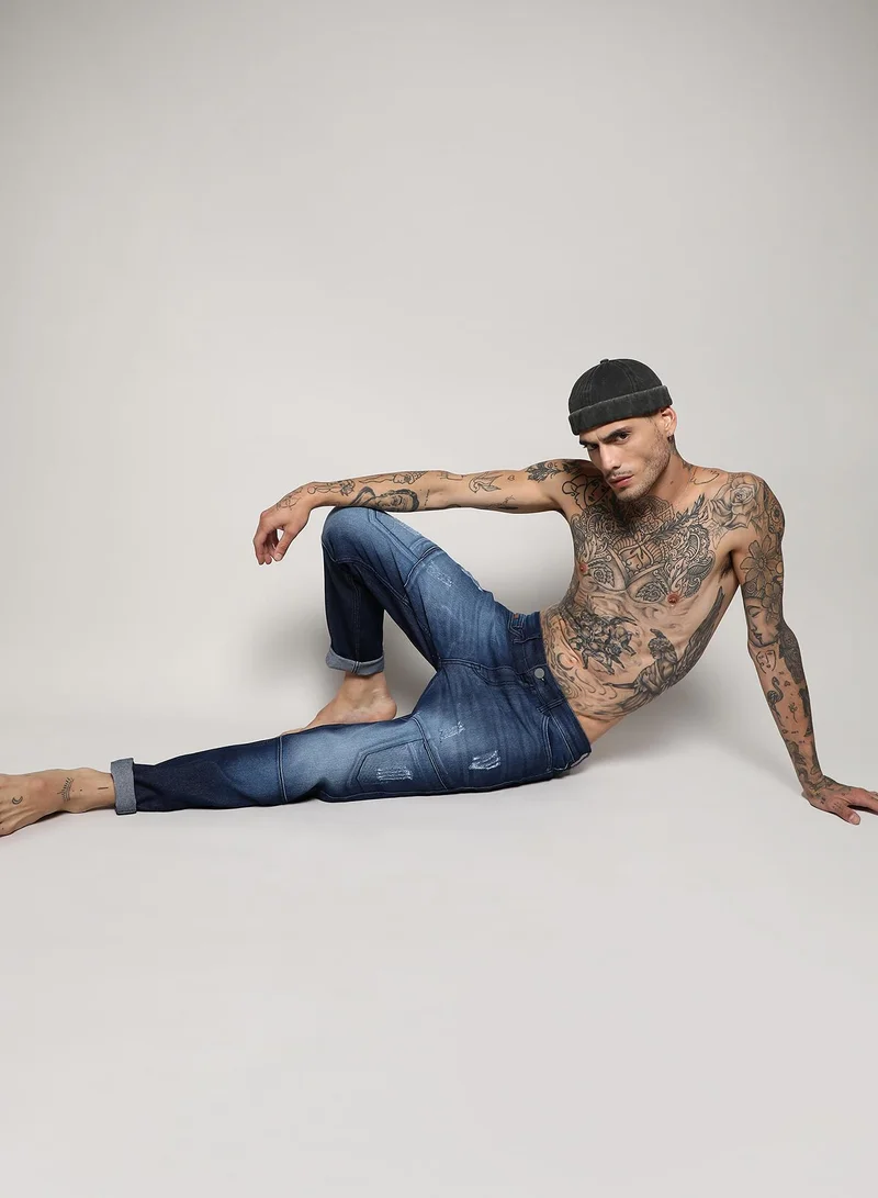 Campus Sutra Men's Blue Self-Design Patched Denim Jeans