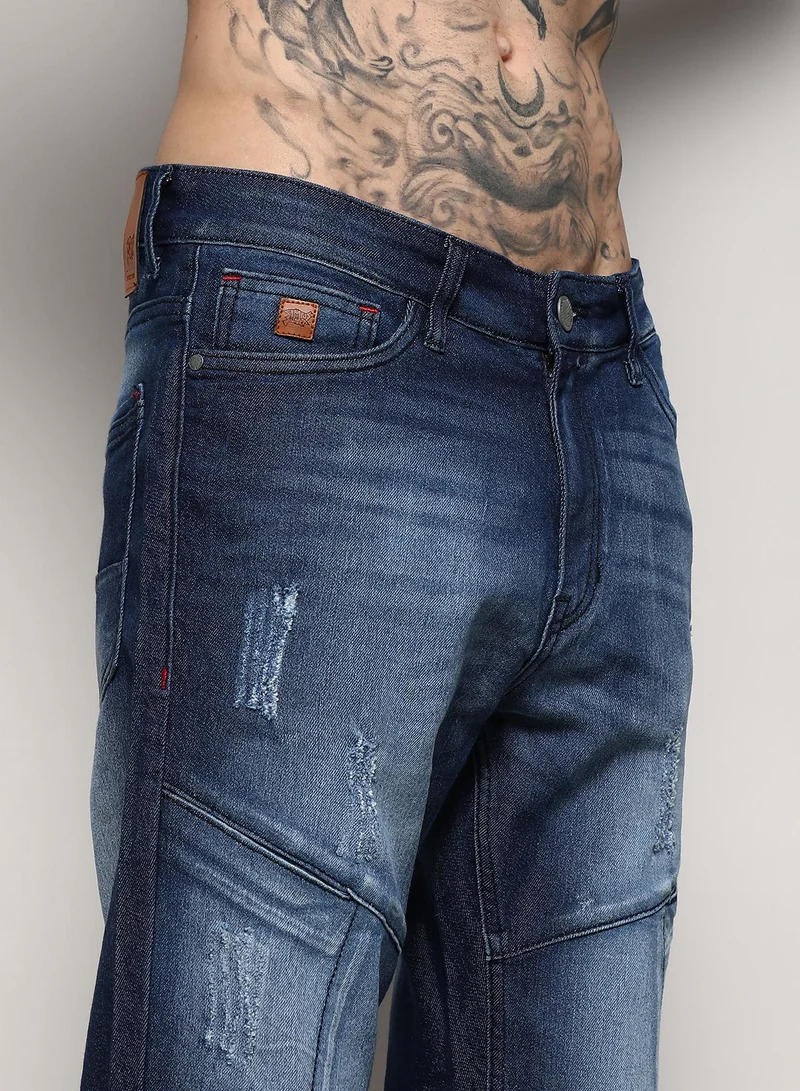 Campus Sutra Men's Blue Self-Design Patched Denim Jeans