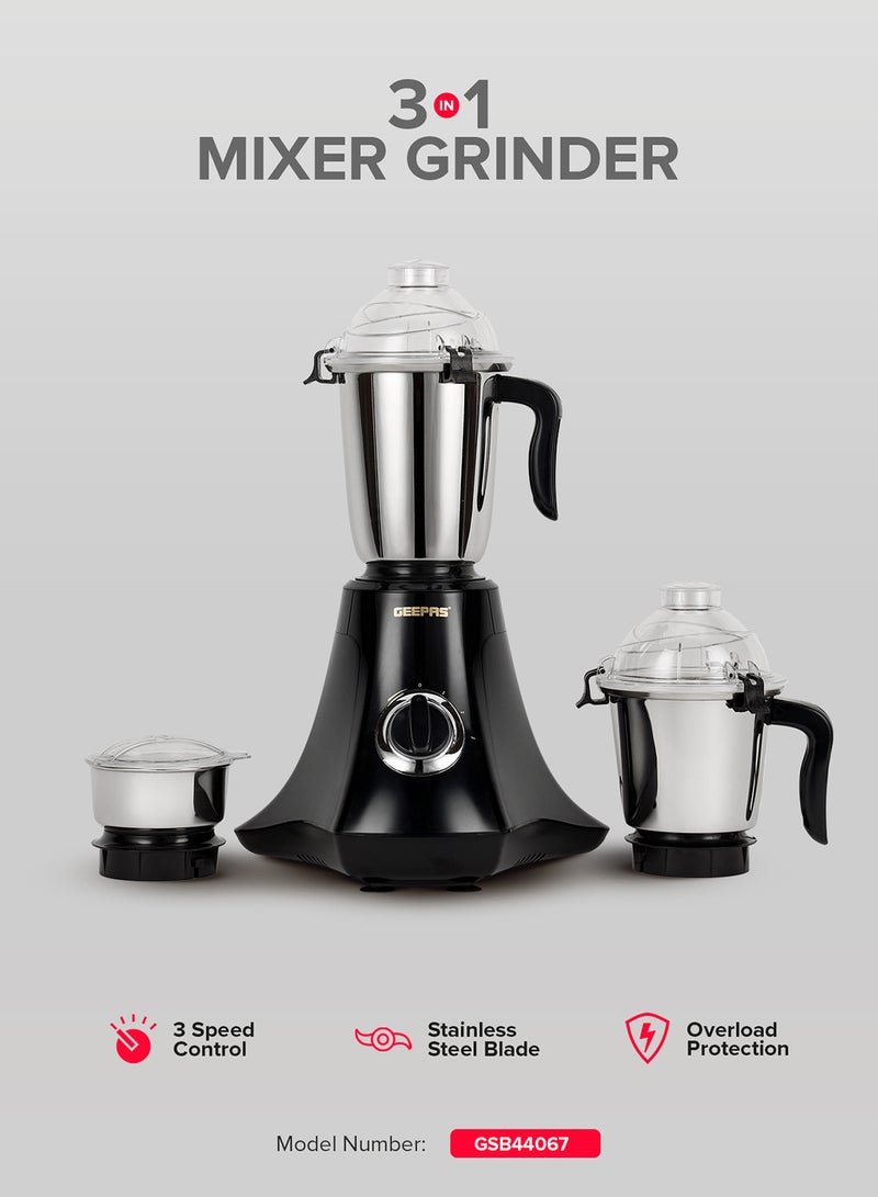 GEEPAS Multifunctional Mixer Grinder Stainless Steel Jars with Lockable Lid Perfect for Dry and Wet Fine Grinding  3 Speed powerful motor 1.5 L 750 W GSB44067 White/Purple/Silver - Image 1