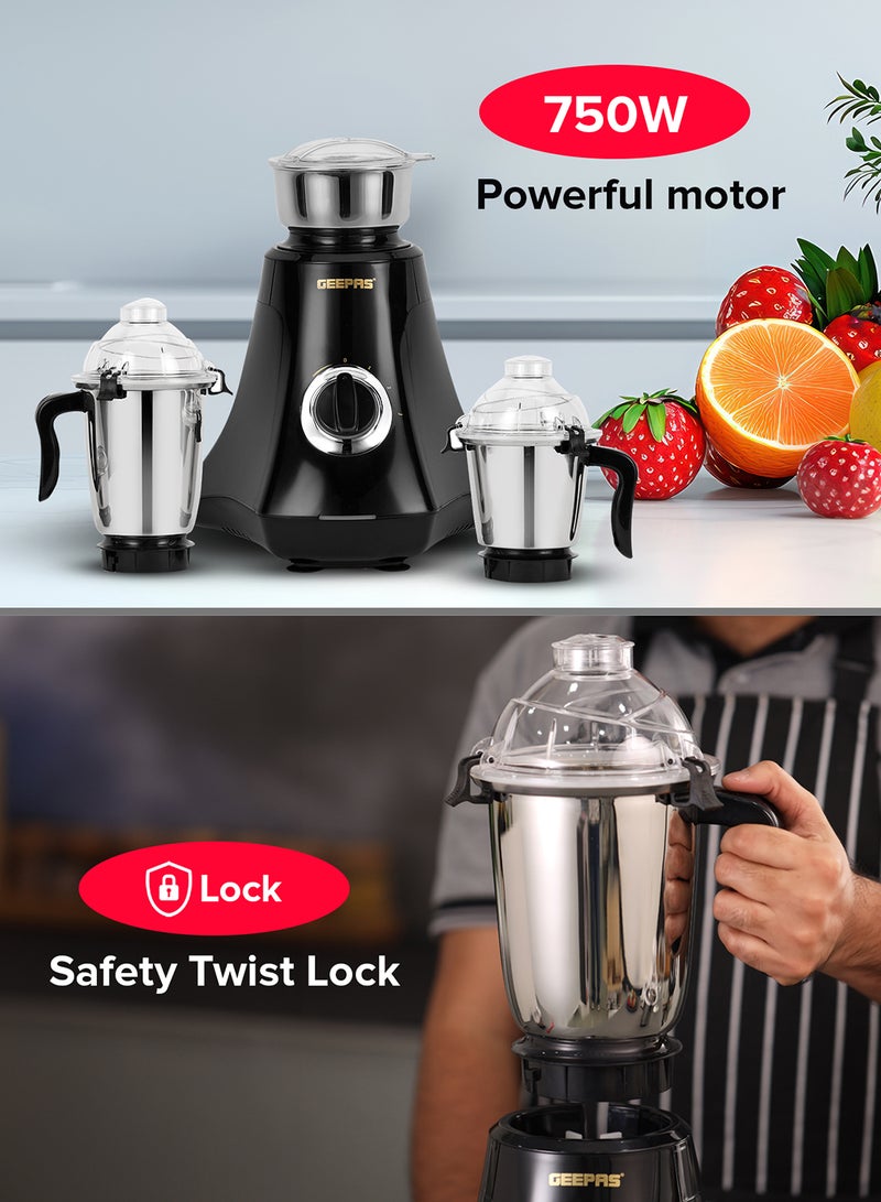 GEEPAS Multifunctional Mixer Grinder Stainless Steel Jars with Lockable Lid Perfect for Dry and Wet Fine Grinding  3 Speed powerful motor 1.5 L 750 W GSB44067 White/Purple/Silver - Image 3