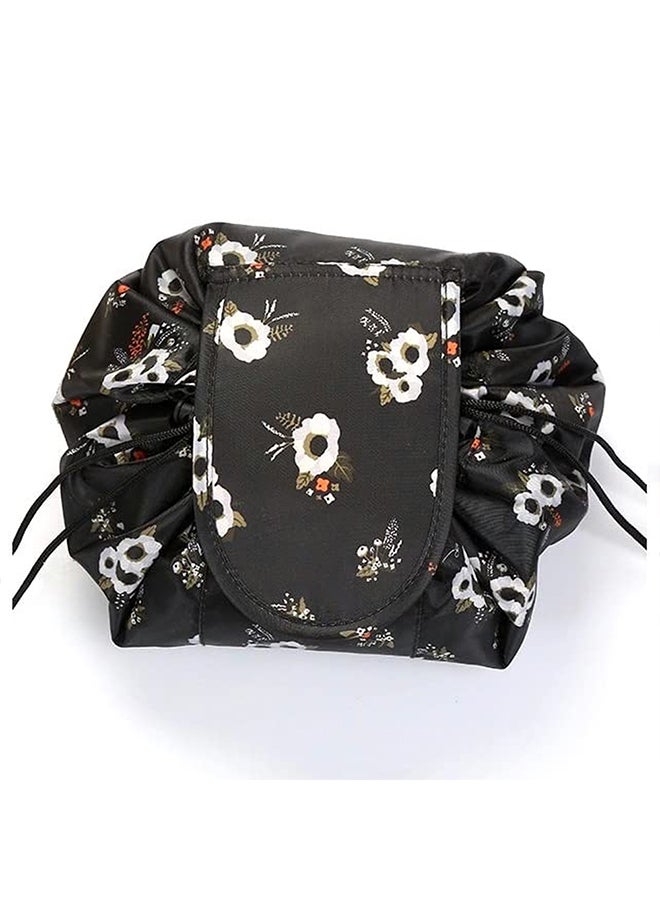 MARGOUN Make up Bag Drawstring Travel Cosmetic Bag Round Magic Toiletry Beauty Kit Pouch Flowering Black - Image 1