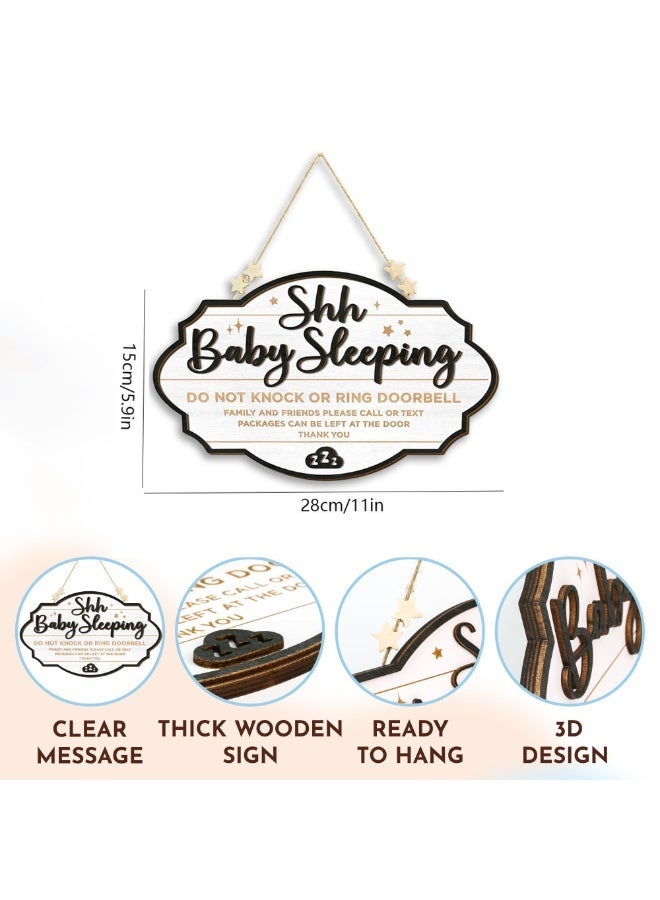Shh Baby Sleeping Door Sign, No Knocking No Doorbell Reminder for Nursery Front Door, Thick Wooden 3D Design, 28x15cm - Image 3