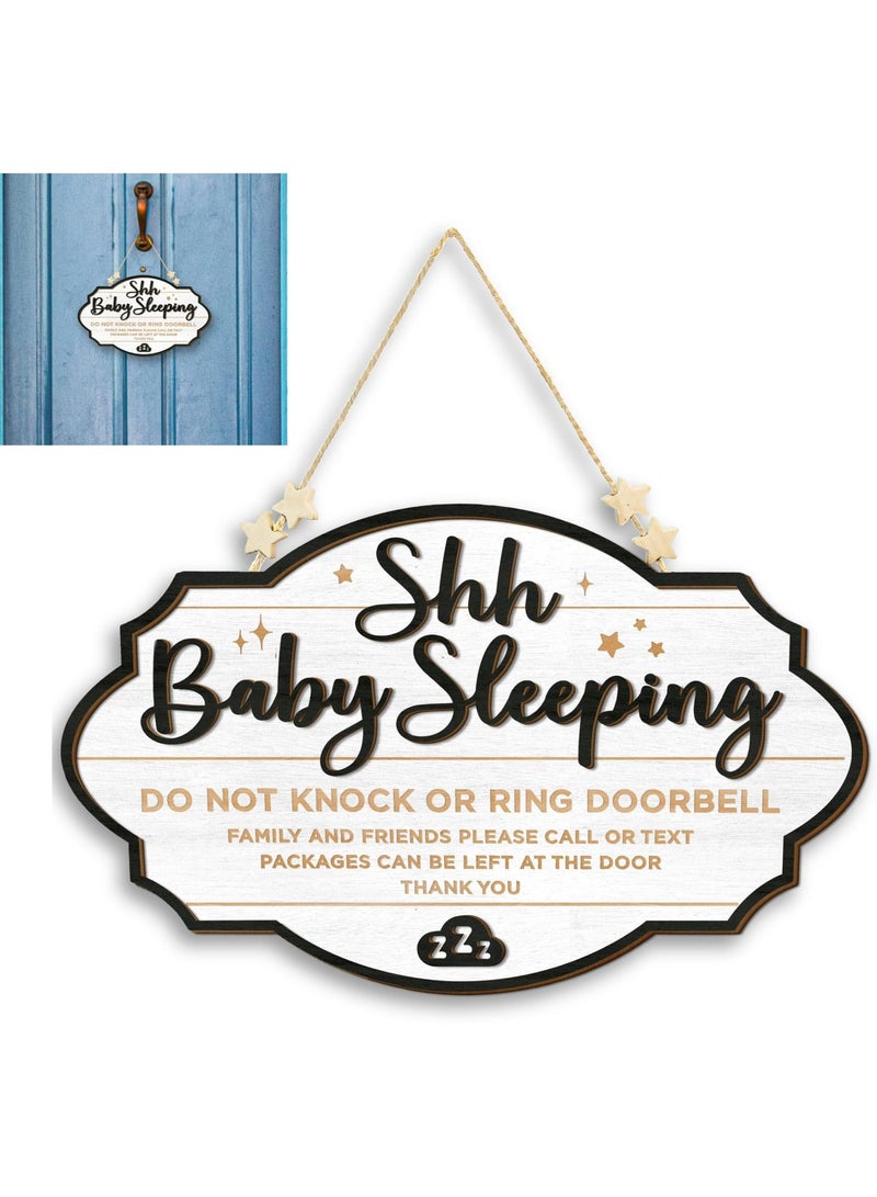 Shh Baby Sleeping Door Sign, No Knocking No Doorbell Reminder for Nursery Front Door, Thick Wooden 3D Design, 28x15cm - Image 1