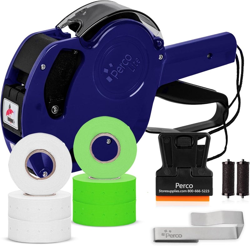 Perco Lite 1 Line Price Gun with Labels Kit - Includes 3 White Rolls, 3 Fluorescent Green Rolls, 2 Ink Rollers, 1 Ink roll and Labels Pre-Loaded - Image 1